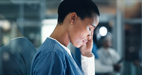 Image showing Doctor, stress and black woman with headache, anxiety or neck pain while working in a hospital at night. Healthcare, anxiety and female nurse with burnout, vertigo or joint, fibromyalgia or tension