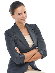 Image showing Studio, woman and portrait with arms crossed, ideas and thinking with corporate outfit. Businesswoman, white background and face for work, company or startup with career ambition or happiness