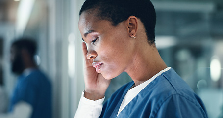 Image showing Doctor, stress and black woman with headache, anxiety or neck pain while working in a hospital at night. Healthcare, anxiety and female nurse with burnout, vertigo or joint, fibromyalgia or tension