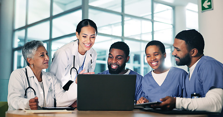 Image showing Healthcare, meeting and doctors, nurses and laptop in office with documents for medical compliance, surgery or planning. Hospital, team or people online for brainstorming, solution or problem solving