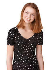 Image showing Portrait, teenage girl or big smile with white background for yearbook or graduation photo in studio. Mock up of happy, female student or gen z teenager with confidence and glow for school picture