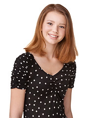 Image showing Basic, fashion and portrait of redhead, teenage girl and smile for hair care in studio for mockup. Gen z youth, glow and mouth in casual clothing for happy, fresh school picture on white background