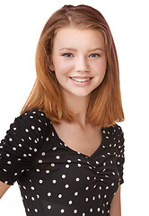 Image showing Basic, portrait, and teenager with smile for fashion, photo and studio with white background. Mock up of happy, confident and gen z young girl with glow for yearbook, graduation or school picture