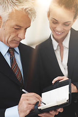 Image showing Leader, showing and notebook to worker in workplace for business in corporate company for strategy. Woman, smile and talking to boss in office, happy and professional in clothes for work or job