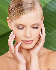 Image showing Beauty, skincare and touching face with leaf background for wellness, natural and plant for smooth feel. Woman, cosmetic and dermatology for facial, routine and self care for healthy aesthetic skin