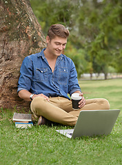 Image showing Laptop, student and happy man at park with coffee at university campus for learning, reading or studying. Computer, college or person in garden for education, research or knowledge with drink outdoor