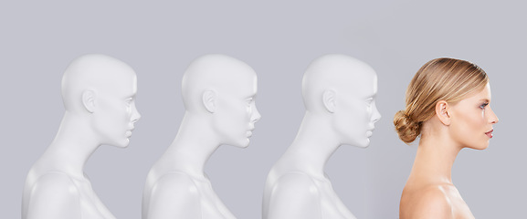 Image showing Mannequins, posture and woman with skincare, cosmetics and beauty on a white studio background. Person, development and row with model and beauty with profile and robotic with creativity or glow