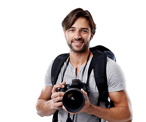 Image showing Photographer, portrait and happy with camera in studio for career, behind the scenes or backpack. Photography, person or smile with equipment, mockup space or shooting gear for photoshoot or creative