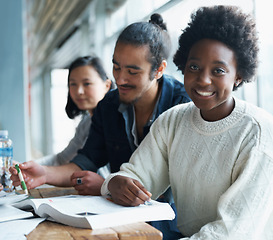 Image showing Student, portrait and studying with friends, book with people learning for education and university. Scholarship, problem solving and team of academic course work with research on campus