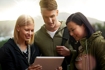 Image showing College, friends and happy with tablet outdoor for research, relax or break on campus with social media. University, people and smile with technology for internet, streaming or learning with sunlight