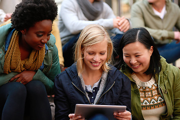 Image showing University, friends and smile with tablet outdoor for research, relax or break on campus with social media. College, people and happy with technology for internet, streaming or learning and diversity