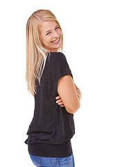 Image showing Happy, woman and portrait with arms crossed and fashion in studio, white background or mockup. Casual, style and college student smile with confidence and pride in trendy outfit with denim jeans