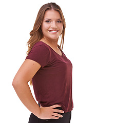 Image showing Fashion, smile and portrait of woman in studio with stylish, casual and trendy outfit and makeup. Happy, confident and beautiful female person with classy style and cosmetic face by white background.