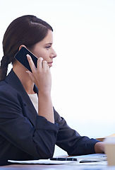 Image showing Professional woman, talking and phone call at work with white background, communication and networking. Profile, conversation for finance of business, employee and worker in corporate company