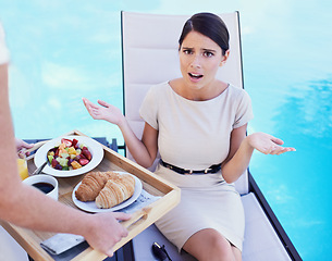 Image showing Woman, customer and angry with food service, frustrated and poor quality with complain and review. Client, swimming pool and lady upset with meal or hospitality industry with wrong order or feedback