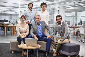 Image showing Group, diversity or business people in portrait with confidence, friendly or commitment at work. Accounting, staff or happy face for teamwork for support, solidarity or teamwork with pride in office