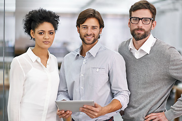 Image showing Tablet, diversity or business people in portrait with confidence, friendly or connection at work. Accounting, internet and happy face for teamwork with support, networking and technology in company