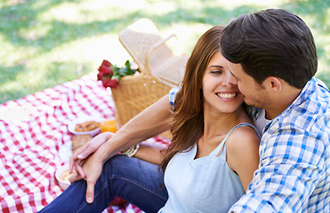 Image showing Love, picnic and roses in basket with couple for Valentines Day for celebration, anniversary and relax on vacation. Happy, food and travel with romantic partners, park date for holiday summer