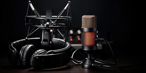 Image showing Professional Studio Microphone and Headphones on Dark Background