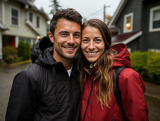 Image showing Happy Couple Smiling in Outdoor Jackets Near Home