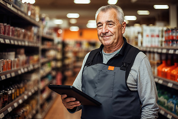 Image showing Senior Store Employee With Tablet in Supermarket Aisle