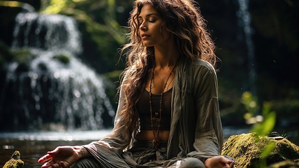 Image showing Serene Meditation by Waterfall in Lush Forest Setting