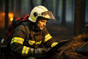 Image showing Focused Firefighter Using Tablet during Forest Fire Operation