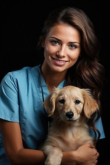 Image showing Smiling Veterinarian Holding a Cute Puppy Against Dark Background