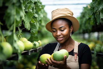 Image showing Farmer Inspecting Organic Melons in a Greenhouse