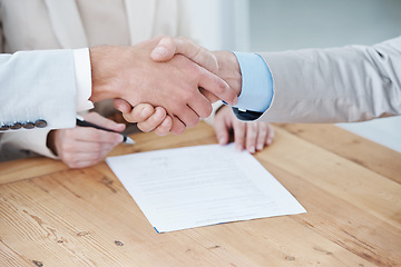 Image showing Shaking hands, business people and contract, onboarding with human resources in meeting or interview. Paperwork, cooperation and partnership with signature, recruitment and handshake for welcome