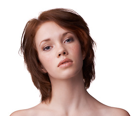 Image showing Portrait, woman and face in white background with skin, glow and confidence in studio with treatment for healthy redhead. Skincare, routine to keep glowing with natural look, fresh and smooth