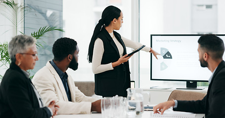 Image showing Presentation, strategy and meeting with business woman and tablet for planning, training and project management. Idea, research and data analysis with people in office for brainstorming and chart