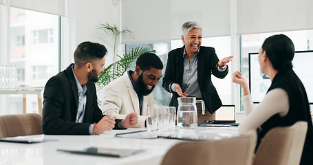 Image showing Meeting, presentation and happy business people in office for planning, strategy and project ideas. Corporate agency, collaboration and team of men and women laugh for conversation and discussion