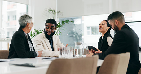 Image showing Tablet, meeting and collaboration with a business team in the boardroom for presentation, planning or strategy. Teamwork, technology and corporate people in an office together for a training workshop