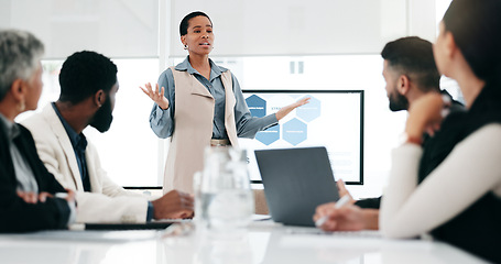 Image showing Presentation, training and meeting with business black woman for research, leader or project management. Idea, strategy and data analysis with group of people in office for brainstorming and chart