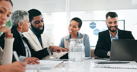 Image showing Business, collaboration and boardroom with a management team in a corporate workplace for growth. Teamwork, professional and planning with an an employee group working in the office together