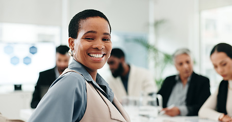 Image showing Office, meeting and face of business black woman with team for planning, startup and collaboration. Corporate, career and portrait of happy worker with staff for discussion, feedback and presentation
