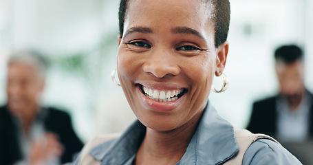 Image showing Happy, meeting and face of business black woman in office with team for planning, startup and collaboration. Corporate, career and portrait of worker with staff for discussion, coworking and feedback