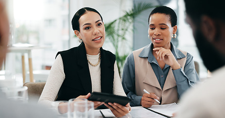 Image showing Business people, meeting or women with a tablet, teamwork or budget planning with brainstorming and productivity. Staff, manager or employee with cooperation, talking or collaboration with investment