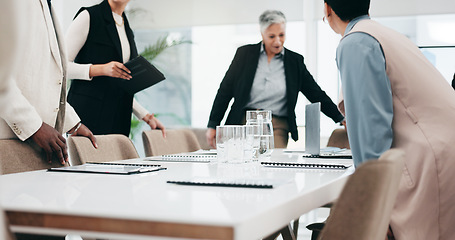 Image showing Talking, morning and business people leaving meeting, team seminar or a break from a workshop. Smile, together and corporate employees speaking and walking from a conference or training in an office