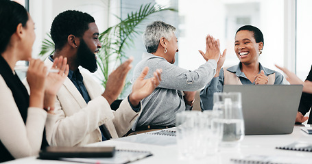 Image showing Business people, group applause and high five on laptop for achievement, goal or success. Clapping, excited team and fist bump in celebration, target and congratulations for winner of bonus promotion
