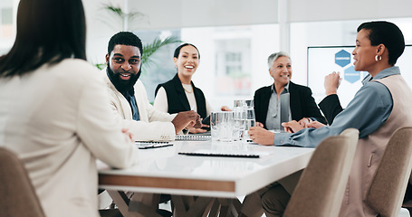 Image showing Talking, morning and business people leaving meeting, team seminar or a break from a workshop. Smile, together and corporate employees speaking and walking from a conference or training in an office