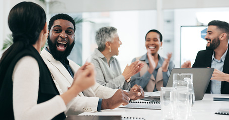 Image showing Business people, group applause and high five on laptop for achievement, goal or success. Clapping, excited team and fist bump in celebration, target and congratulations for winner of bonus promotion