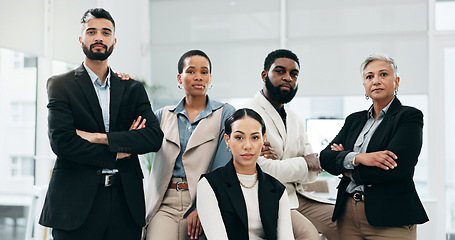 Image showing Face, business people and legal team in a workplace, law firm and career ambition with professionals, cooperation and serious. Portrait, diversity or lawyer group with support, solidarity and mission