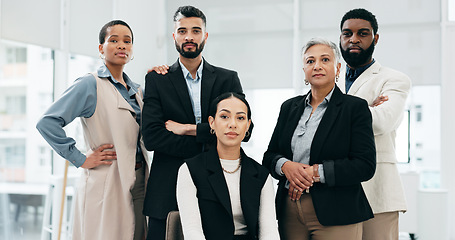 Image showing Face, business people and legal team in a workplace, law firm and career ambition with professionals, cooperation and serious. Portrait, diversity or lawyer group with support, solidarity and mission