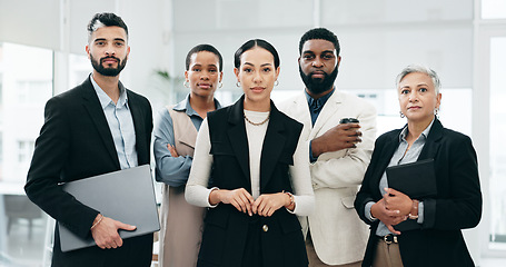 Image showing Corporate, business people and happy face with management, teamwork and diversity in office. Collaboration, executive consultants and group portrait with leadership, solidarity and workforce pride