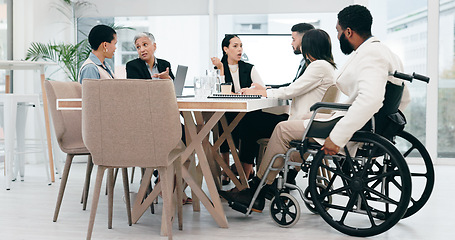 Image showing Inclusive, talking and business people in a morning meeting for collaboration, planning or discussion. Happy, diversity and a black man with a disability working at a company with emplyees speaking