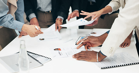 Image showing Business people, hands and paperwork at meeting with company information and project. Collaboration, office document and sales report of staff with teamwork, cooperation and planning with data