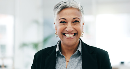 Image showing Senior woman, ceo closeup and laughing face in a office with consultant manager confidence. Funny, comedy and happy professional employee at a company with job at consultation agency with a smile