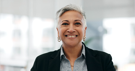 Image showing Senior woman, ceo closeup and laughing face in a office with consultant manager confidence. Funny, comedy and happy professional employee at a company with job at consultation agency with a smile